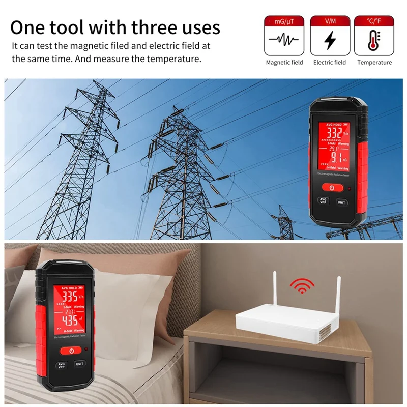 Pendeteksi radiasi elektromagnetik EMF, EMF Meter detektor radiasi elektromagnetik Digital dapat diisi ulang Tester EMF elektrik/pengukur medan magnetik