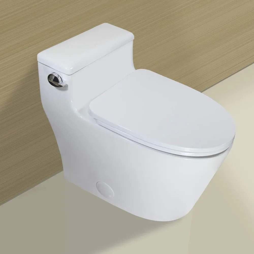 Elongated One Piece Toilet Low Profile, High Efficiency Side Flush 1.28 GPF with Soft Close Seat White