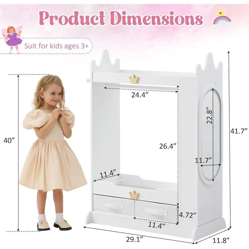子供用鏡付きクローゼット、棚付き、女の子用プリンセスドレスアップラック、子供用衣類ラック、ベッド用ワードローブクローゼット