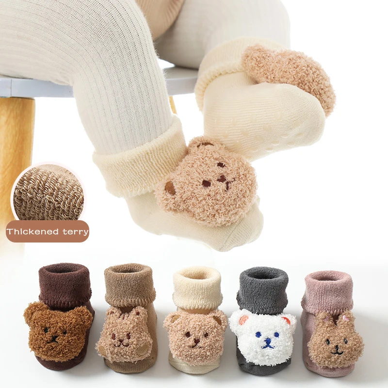 

Thick Coral Fleece Baby Socks Silicone Bottom Non-slip Toddler Sock Winter Warm Plush Newborn Sleep Sock Cartoon Bear Infant Sox