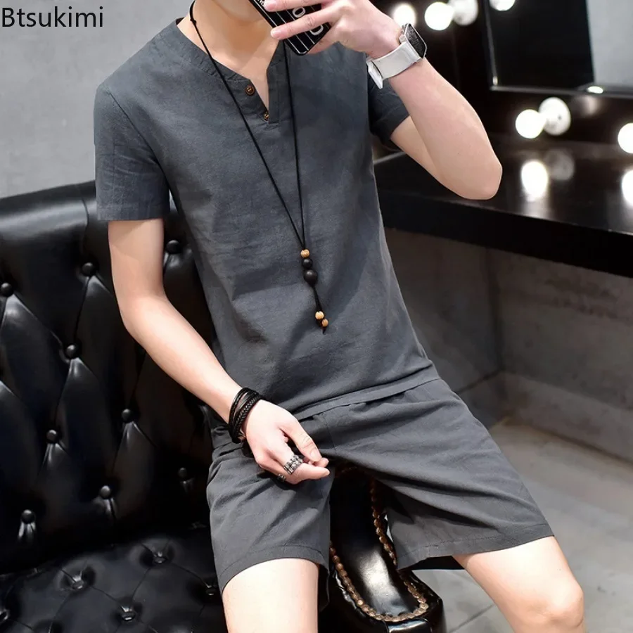 2025 Summer Tracksuit Men's Short Sleeve T-shirt and Shorts Sport Casual Suit Loose Breathable Cotton Linen Two Piece Sets Male