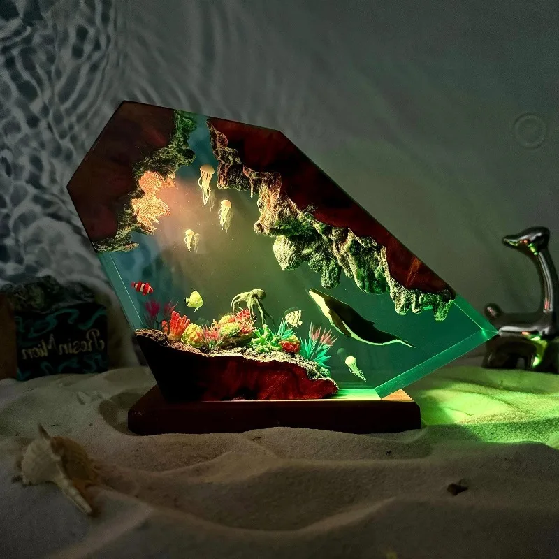 Humpback Whale & Jellyfish Resin Night Light Epoxy Resin Wood Table Lamp Home Decor Gift for Mom