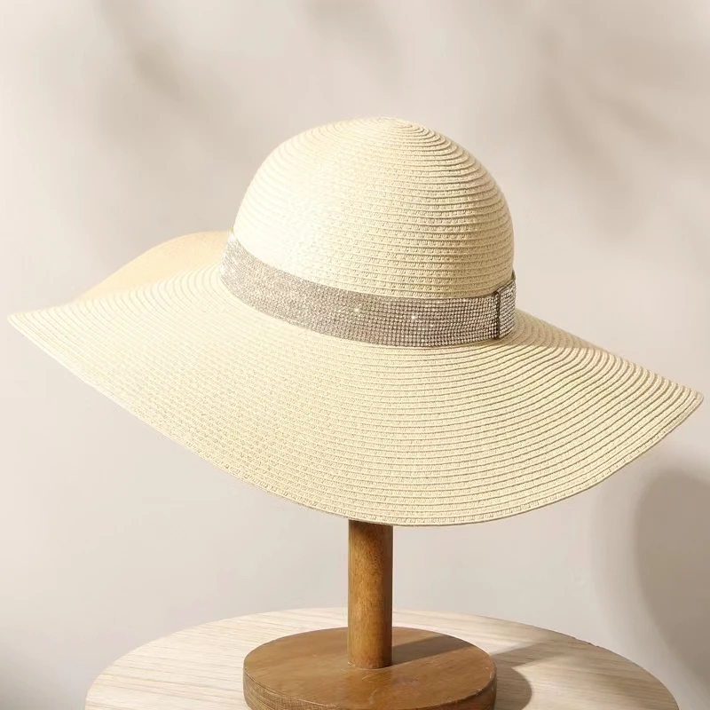 Sommer Einfarbig Mode Rhinestone14cm Übergroßen Sonnenhut Damen Strand Sonnencreme Stroh Hut Reise Faltbare Uv Panama Großhandel – Detail 23