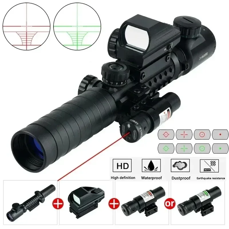 3-9x32 Tactical Red/Green Reticle Riflescope with Red Laser Combo Scope Reflex Holographic Dot Sight Hunting Shooting Optical