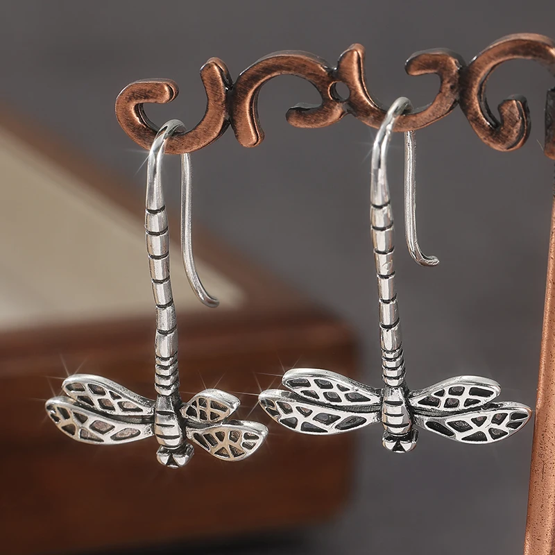 Vintage Dragonfly Carved Pattern Dangle Earrings Retro Bohemian Style Silver Plated Jewelry Trendy Women Ear Ornaments Jewelry