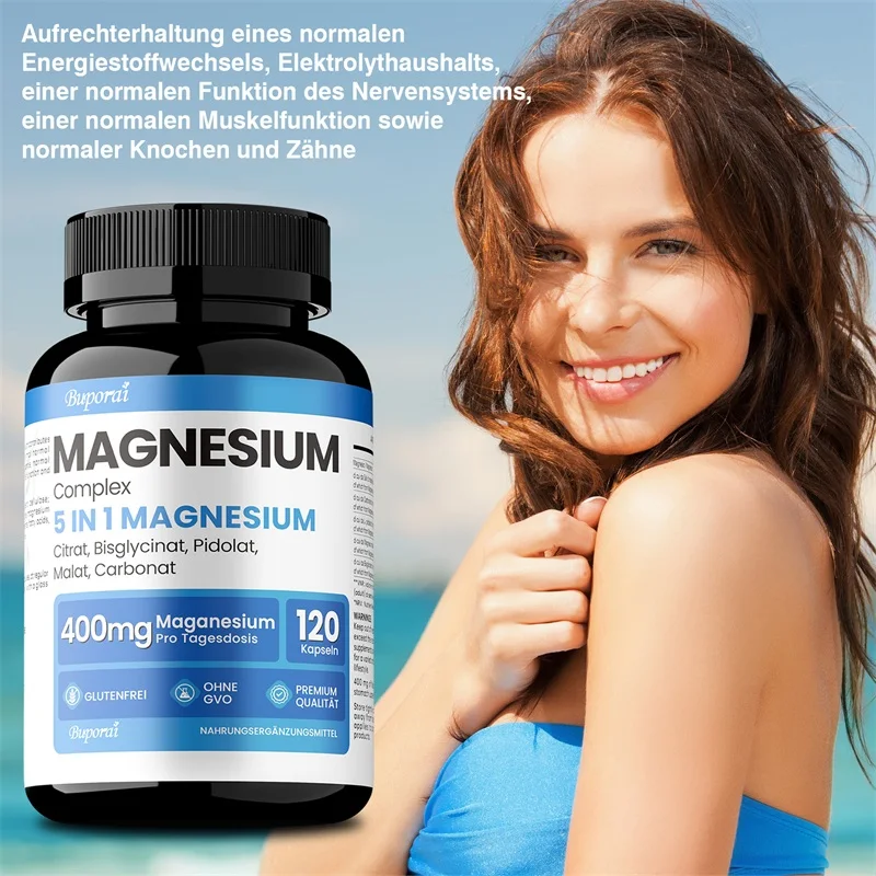 مجمع المغنيسيوم - مكمل المغنيسيوم 5 في 1 لتخفيف التوتر وتعزيز العضلات وتحسين صحة القلب