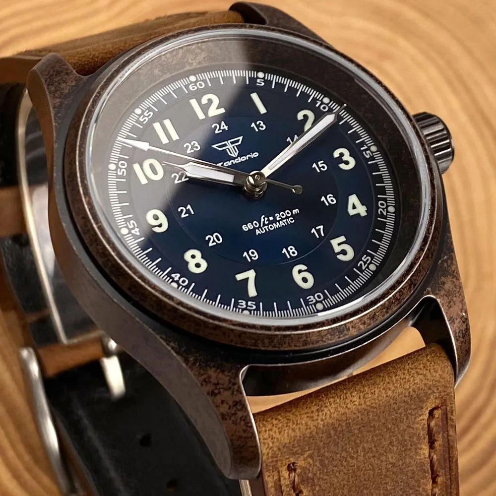 Tandorio Sapphire Crystal 36mm Retro Pilot Case Electroplated-Copper NH35 Movement Automatic Men Watch 20ATM Diving Waterproof - Image 2