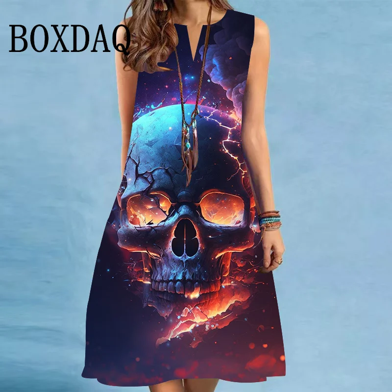 Fashion Tie Dye Gradient 3D Skull Dresses For Women 2025 New Summer Sleeveless Loose Midi Dress Casual V-Neck Party A-Line Dress