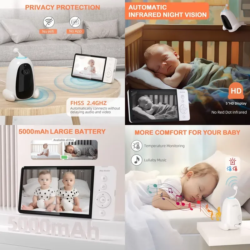Pet Video Baby Camera 720P 5.0 Inch Screen Two-Way Talk Night Vision Digital Baby Monitoring Camera