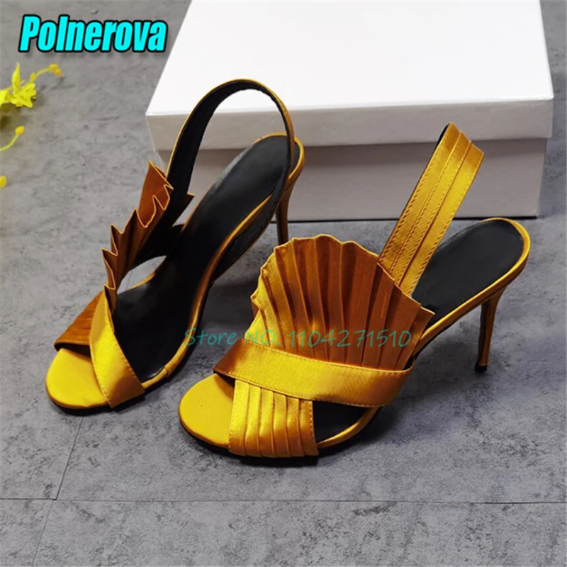 

Yellow Pleated Satin Stiletto Sandals for Women Sexy Elegant Open Toe Back Strap High Heels Summer New Party Wedding Shoes