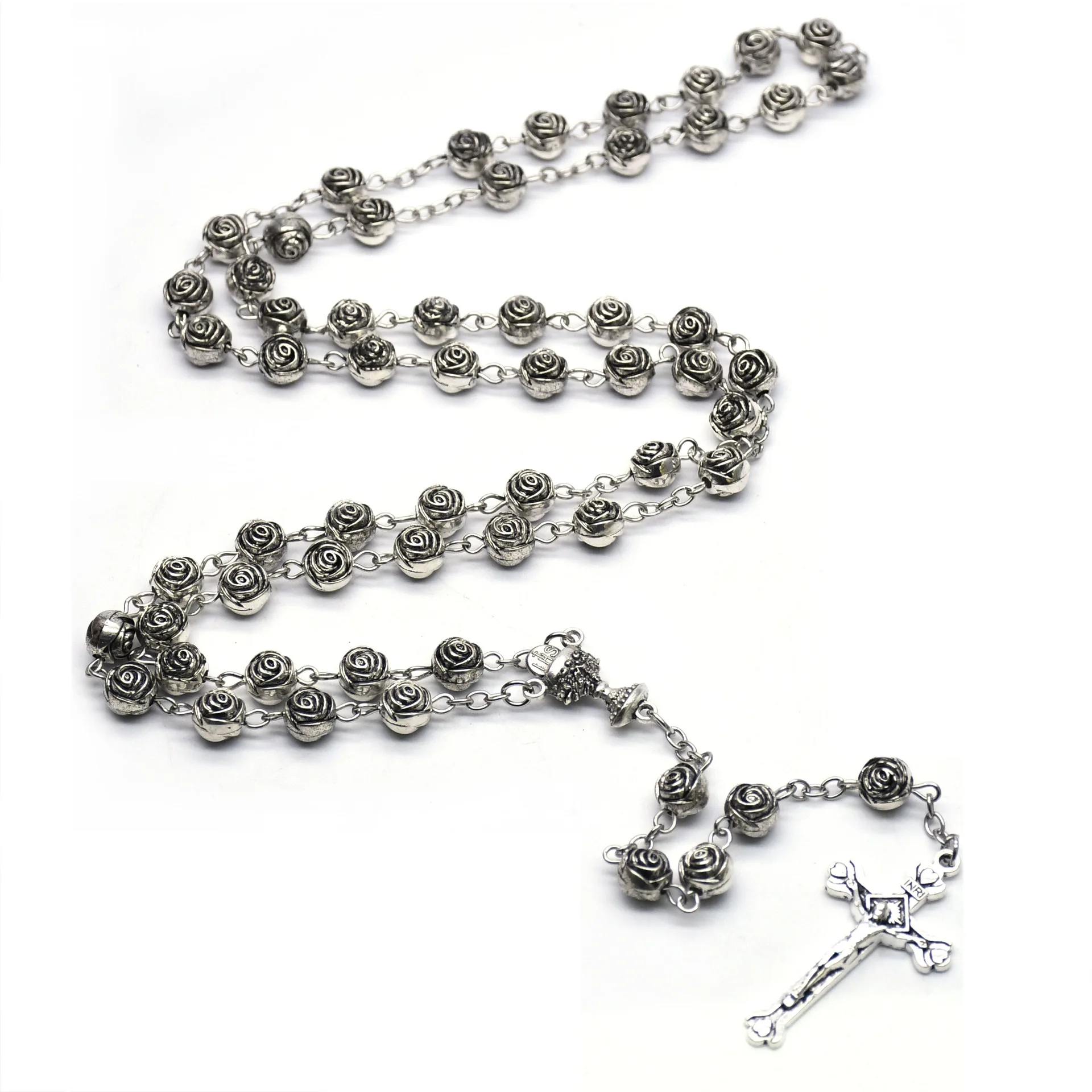 8mm Metal Silver Plated Retro Rosary Cross Pendant Rosary Necklaces Men Women Eeligious Belief Prayer Jewelry Accessory Gifts