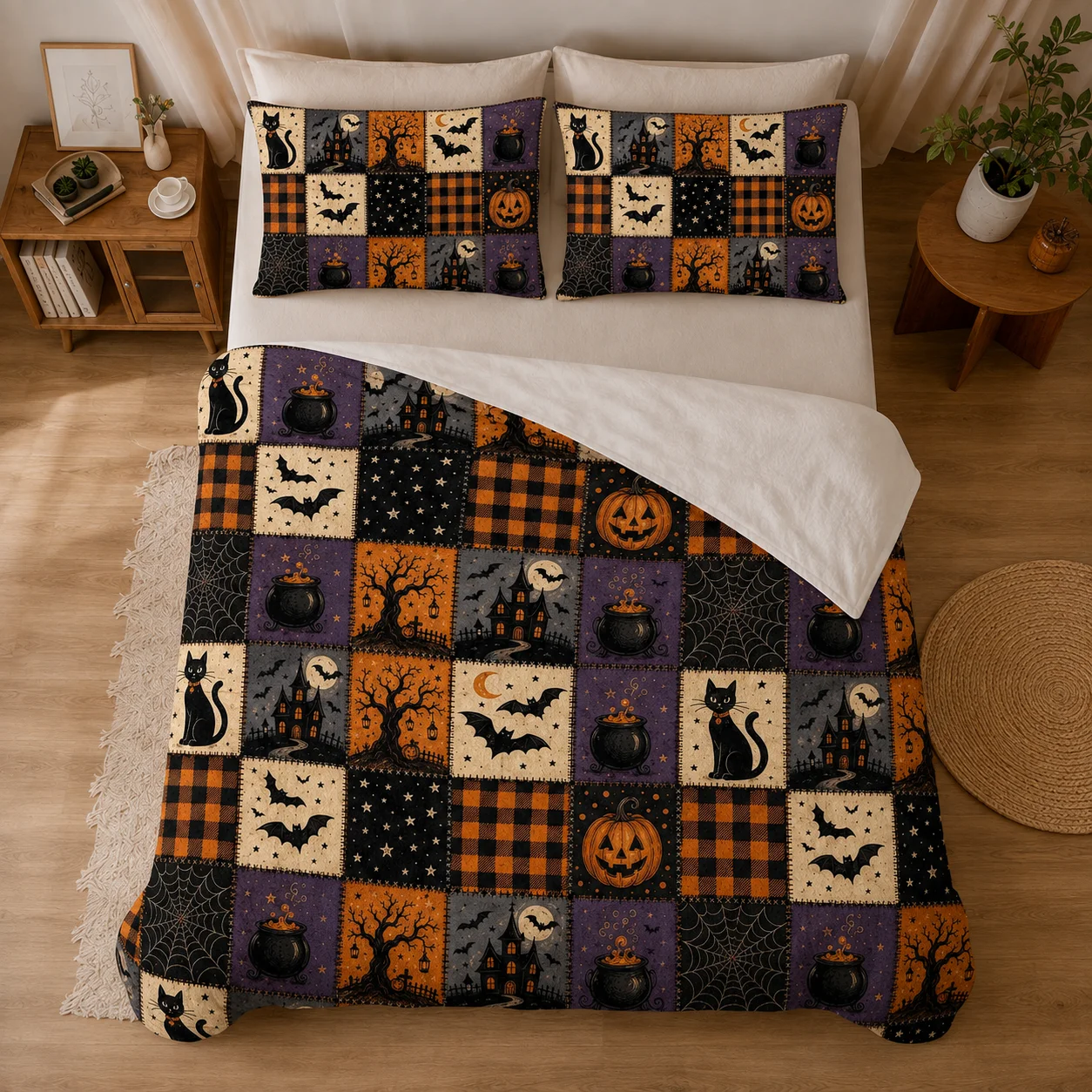 Halloween Patchwork Flannel Blanket 3 Piece Set with 2 Pillow Covers, Black Cat Pumpkin Haunted House Bat Plaid Throw Blanket for Bed Sofa Couch Bedroom Home Decor, No Pillow Inserts
