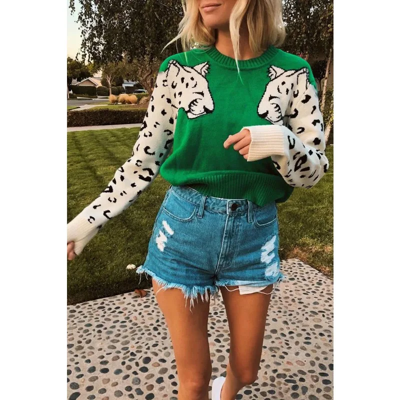 Women's Leopard Print Pullover Knitted Sweater New Spring Autumn Sweater Top Women Casual Long Sleeve Round Neck Stretch Sweater