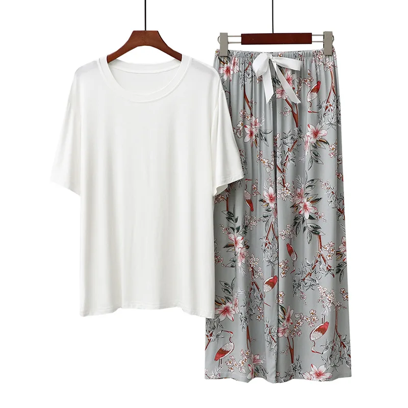 

Modal Pajamas Sets for Women 2 Piece Casual Homewear with Short Sleeve Wide Leg Pants Floral Printed Lady's Loungewear