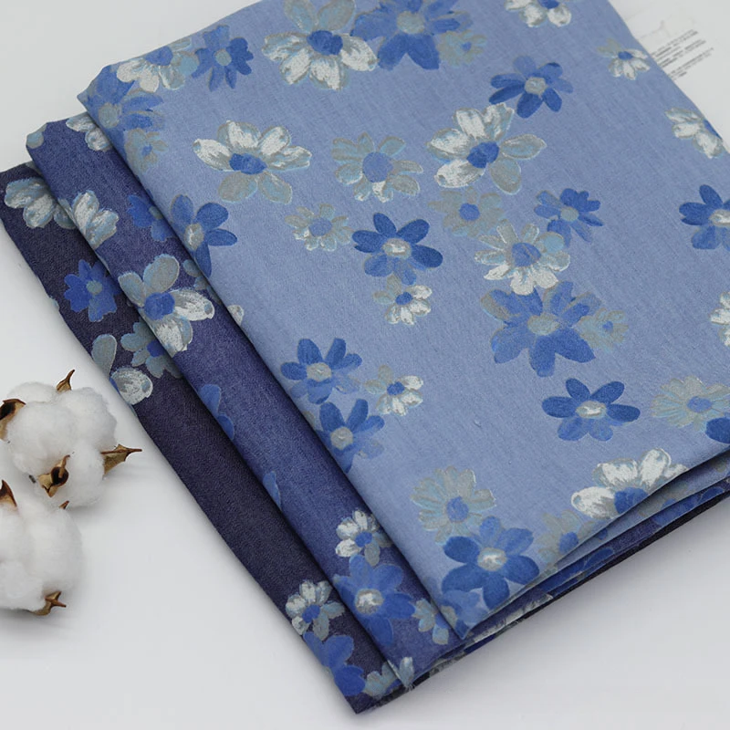 

Flower Printed Water Washed Cotton Thin Denim Fabric Spring Summer Women's Dress Shirt Bag Diy Sewing Fabric