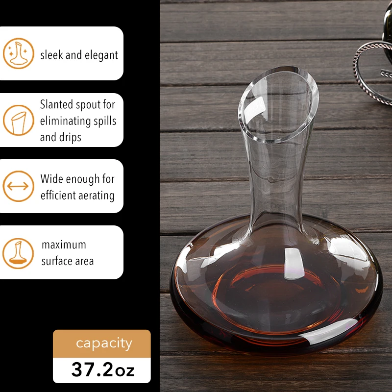 Custom Wine Decanter Crystal Wine Handmade Base Glass Pitcher Ultra Elegant Design Easy Pour Slanted Spout for Wine 1100ml 37Oz