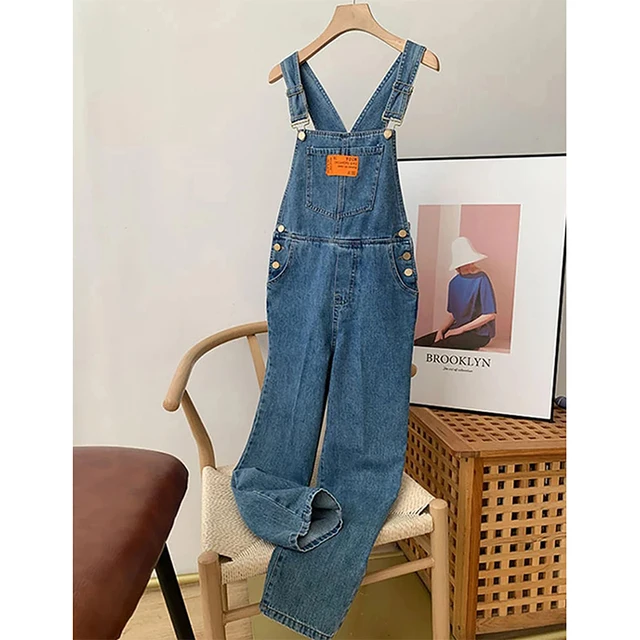 Damskie denimowe fartuchy Vintage Streetwear luźny kostium sportowy koreańskie spodnie z prosta szeroka nogawkami dżinsy wszystkie pasujące spodnie