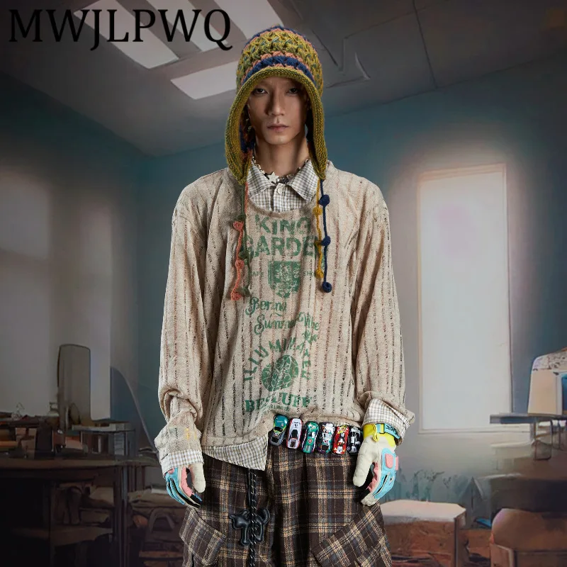 

MWJLPWQ Fake Two-Piece Layered Patchwork V-Neck T-Shirt Men's Street Hollow Knitted Niched Loose Casual Long Sleeve Tops 11929