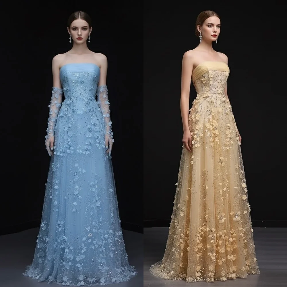 

Customized Net Pleat Sequined Applique Strapless A-line Long Dresses Bespoke Occasion Women Luxury Evening Elegant Party Wedding