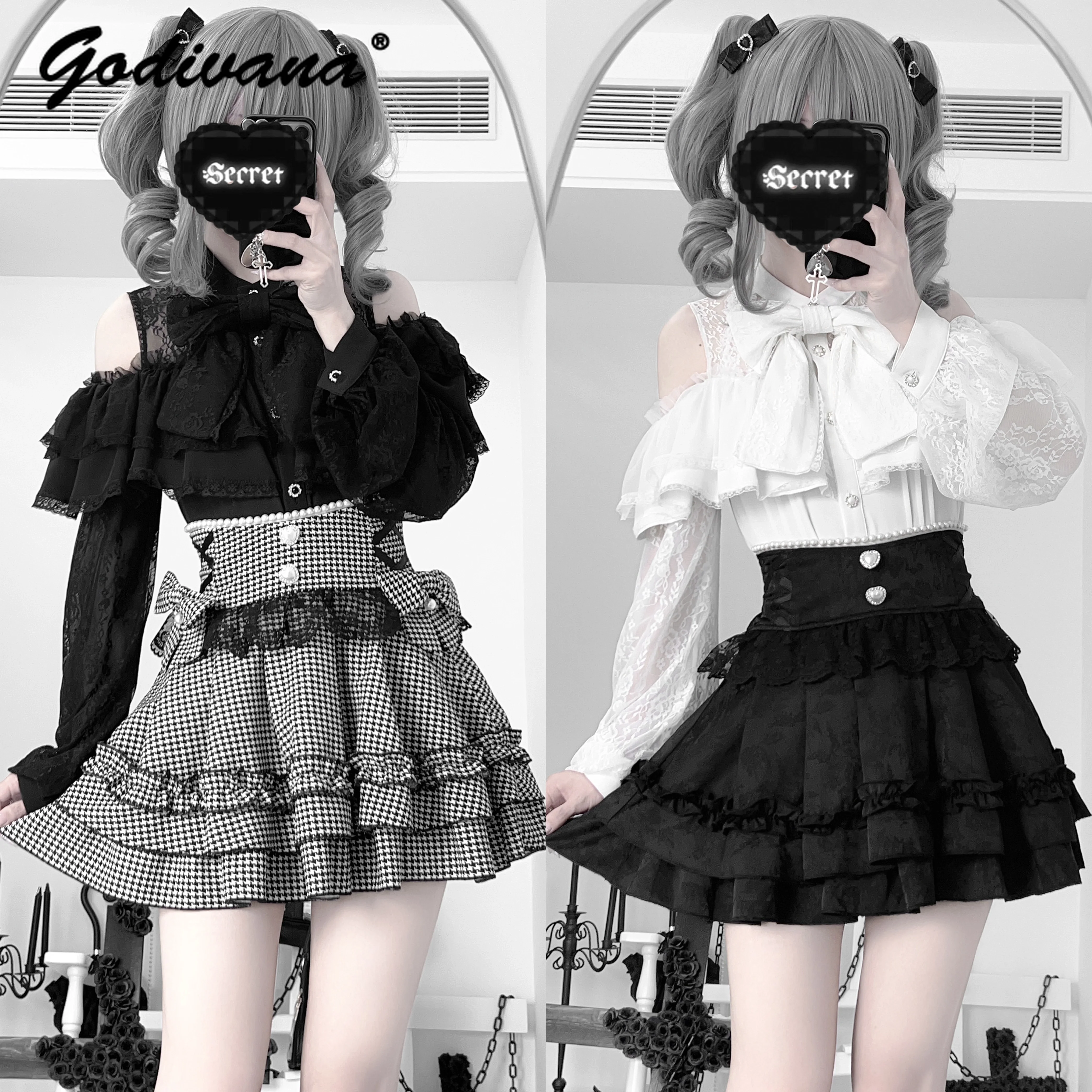 

Original New Spring Summer Japanese Mass-produced Short and Long-sleeved Off Shoulder Bow Blouse Shirt Pearl Beaded Skirt Set