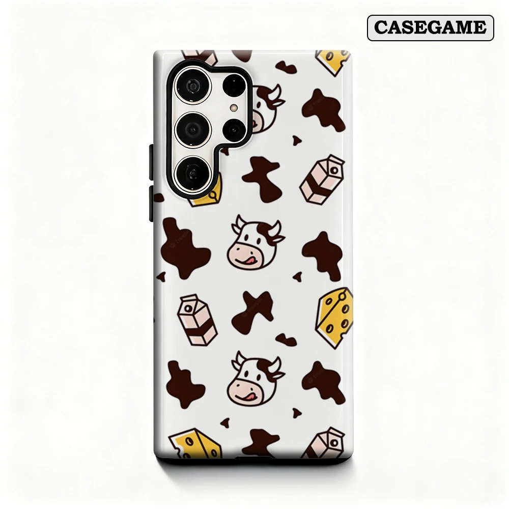 Casegame Phone Case for Samsung Galaxy S25 S26 Ultra S24 S23 Ultra Plus Shockproof Double Layer Cow Milk Cheese Print Cover