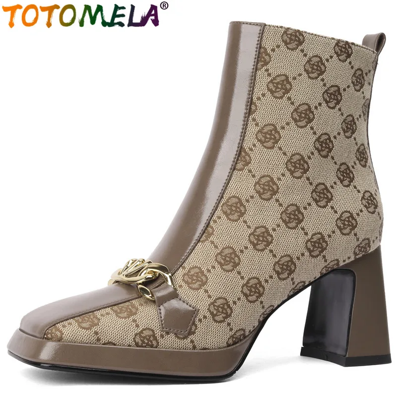 TOTOMELA 2024 New Metal Decoration Zipper Ankle Boots Genuine Leather Winter Boots For Women Thick High Heels Platform Shoes