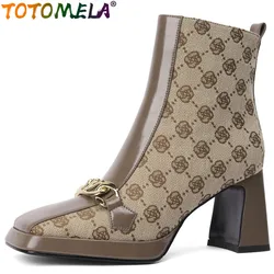 TOTOMELA 2024 New Metal Decoration Zipper Ankle Boots Genuine Leather Winter Boots For Women Thick High Heels Platform Shoes