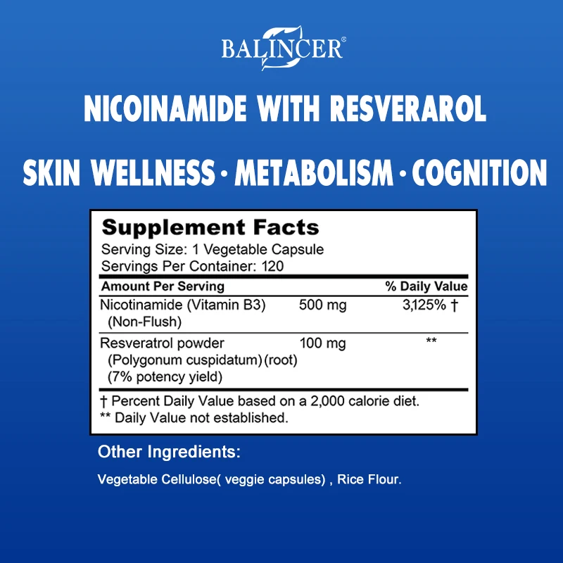 Nicotinamide with Resveratrol - Vitamin B3 500mg -  Support NAD, Anti Aging Skin Cell Health & Energy,120 Veggie Capsules