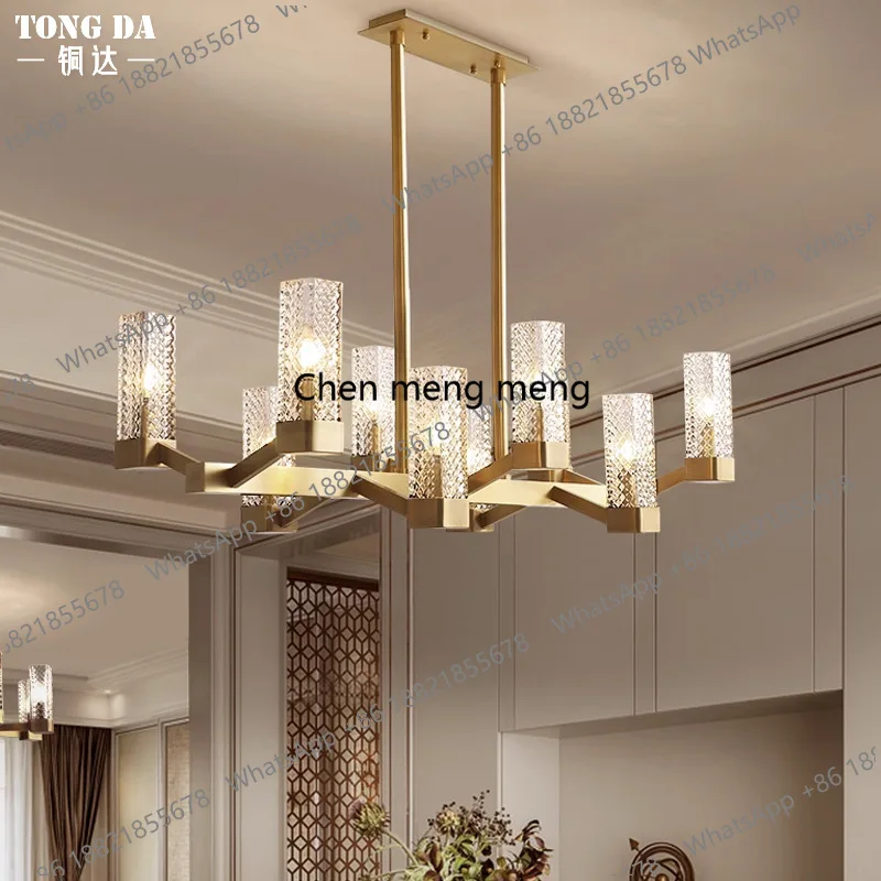 

Light luxury restaurant dining room full copper chandelier American modern villa living room staircase chandelier idea