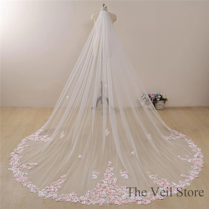 

Светло-розовая свадебная фата с 3D цветочным принтом и расческой, соборные цветы, жемчуг, уникальные аксессуары для невест, белый тюль по индивидуальному заказу