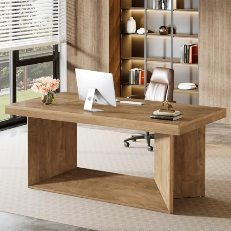 63-Inch Executive Desk with Heavy Duty Pedestal for home office use, steel frame, matte black finish, ultra-stable and scratch-