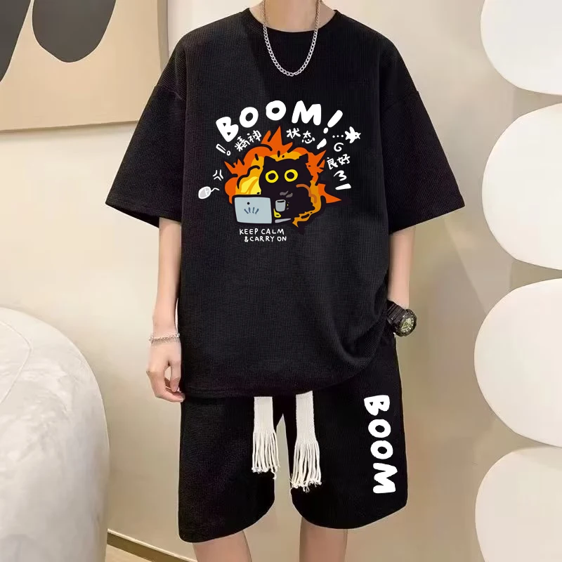 Korean Trendy Men Cartoon Sets Oversized T-shirts Shorts 2 Piece Set Cute Loose Cartoon Printed Tracksuits M-5XL Men Clothing