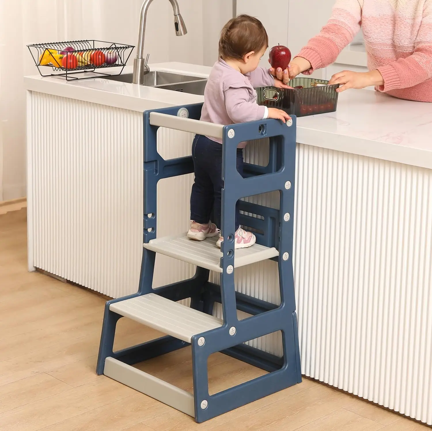 Taburete de cocina de plástico de altura ajustable para niños, taburete de aprendizaje de nivel de mostrador para niños pequeños, cocina y baño