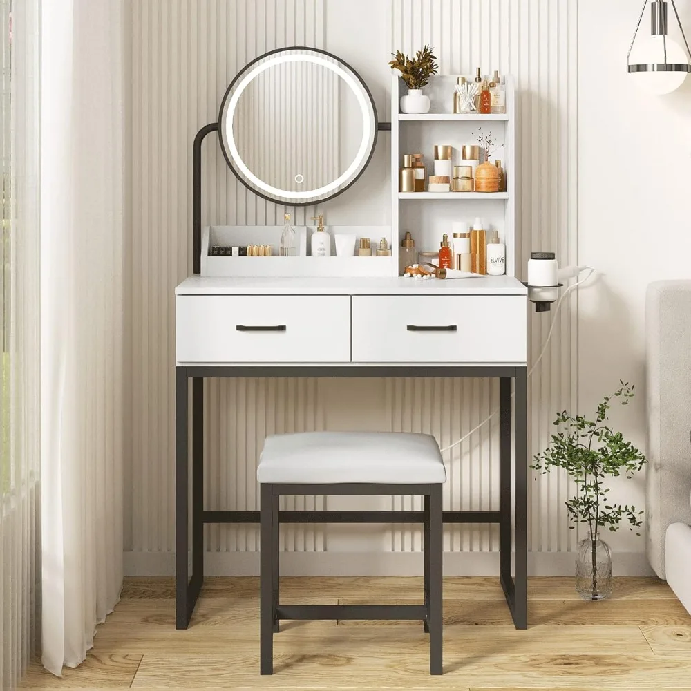 

Mirror and Lights, Cute Vanity Makeup Table, Small Vanity Table for Bedroom with Lots Storage, 3 Lighting Modes