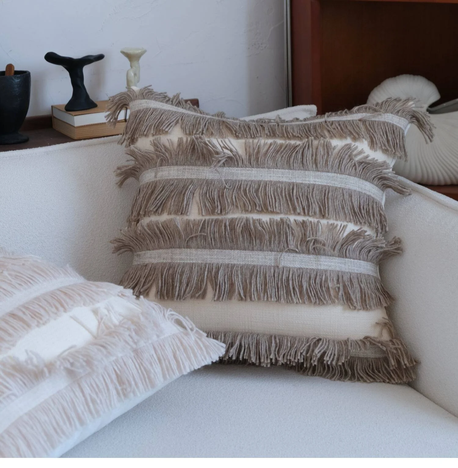 Beige Apricot / Brown Wool Tassel Pillow Case Wabi-sabi Style Homestay Cushion Cover For Throw Pillow