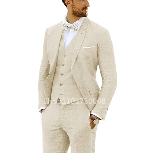 Imagen 2 del producto Traje de lino de 3 piezas para hombre, traje informal de un solo pecho, chaqueta ajustada, chaleco, pantalones, solapa de muesca, color Beige/azul, alta calidad