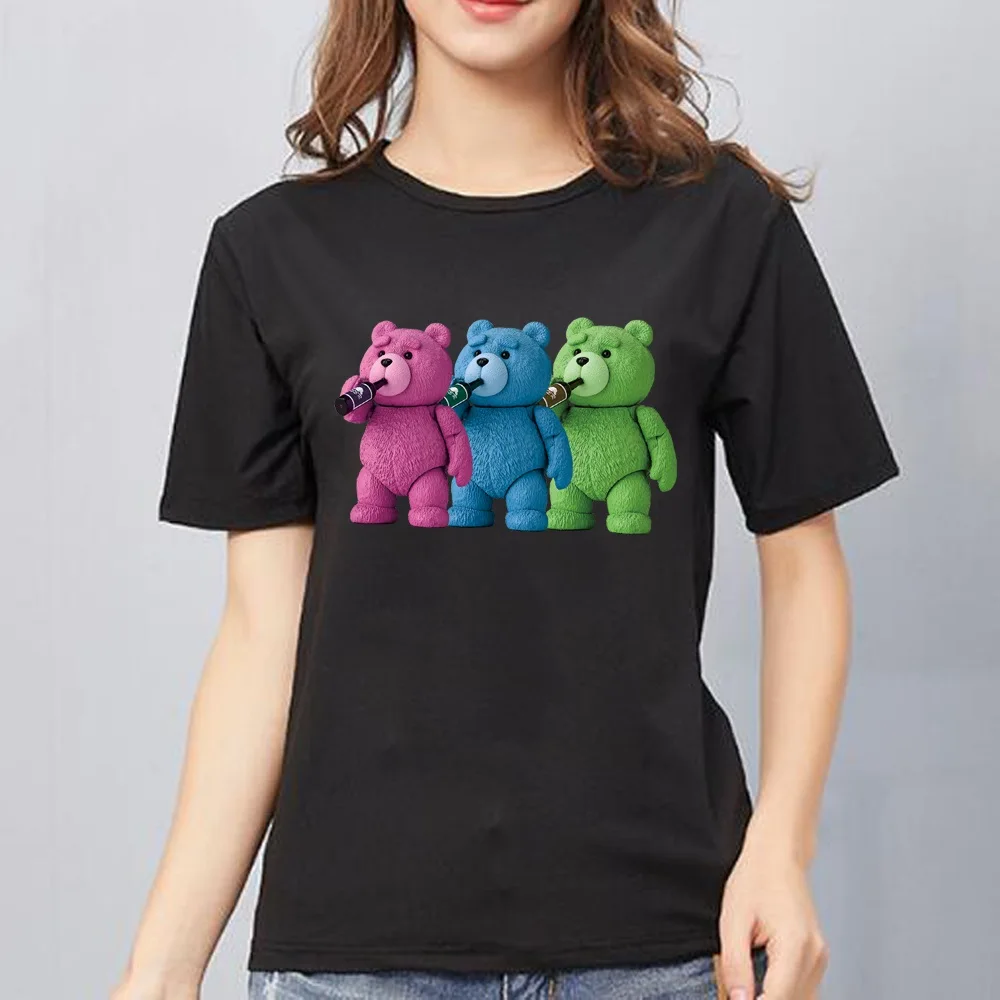 T Shirt Ladies Round Neck Tee Short Sleeve Black Simple Bear Print Summer Fashion Casual Women Top T Shirt