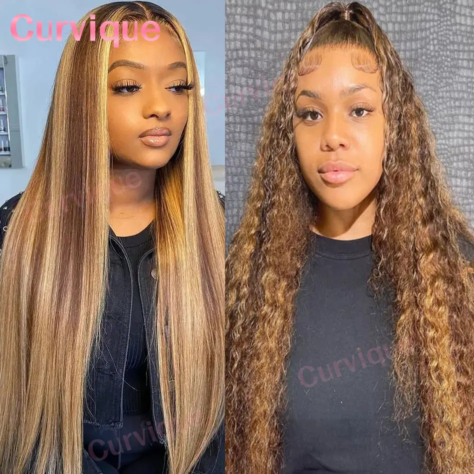 P427 resaltar peluca de cabello humano onda profunda 13x4 13x6 Hd peluca Frontal de encaje Pre desplumado Rubio degradado pelucas de cabello humano liso de color