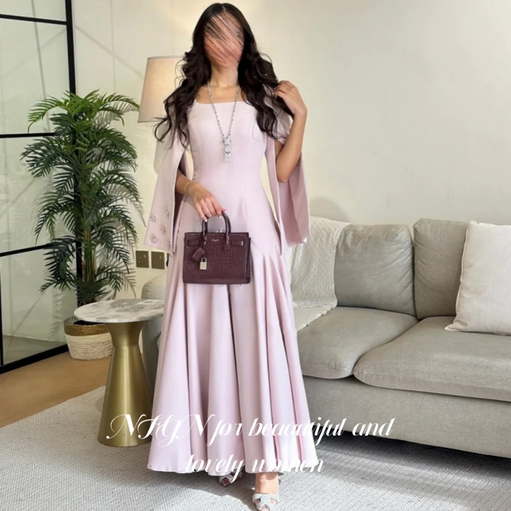 

NFYN Pink Elegant Evening Dress Saudi Arabia Satin Ankle Length Prom Gowns Beading Square Collar A Line Formal Dress Customized