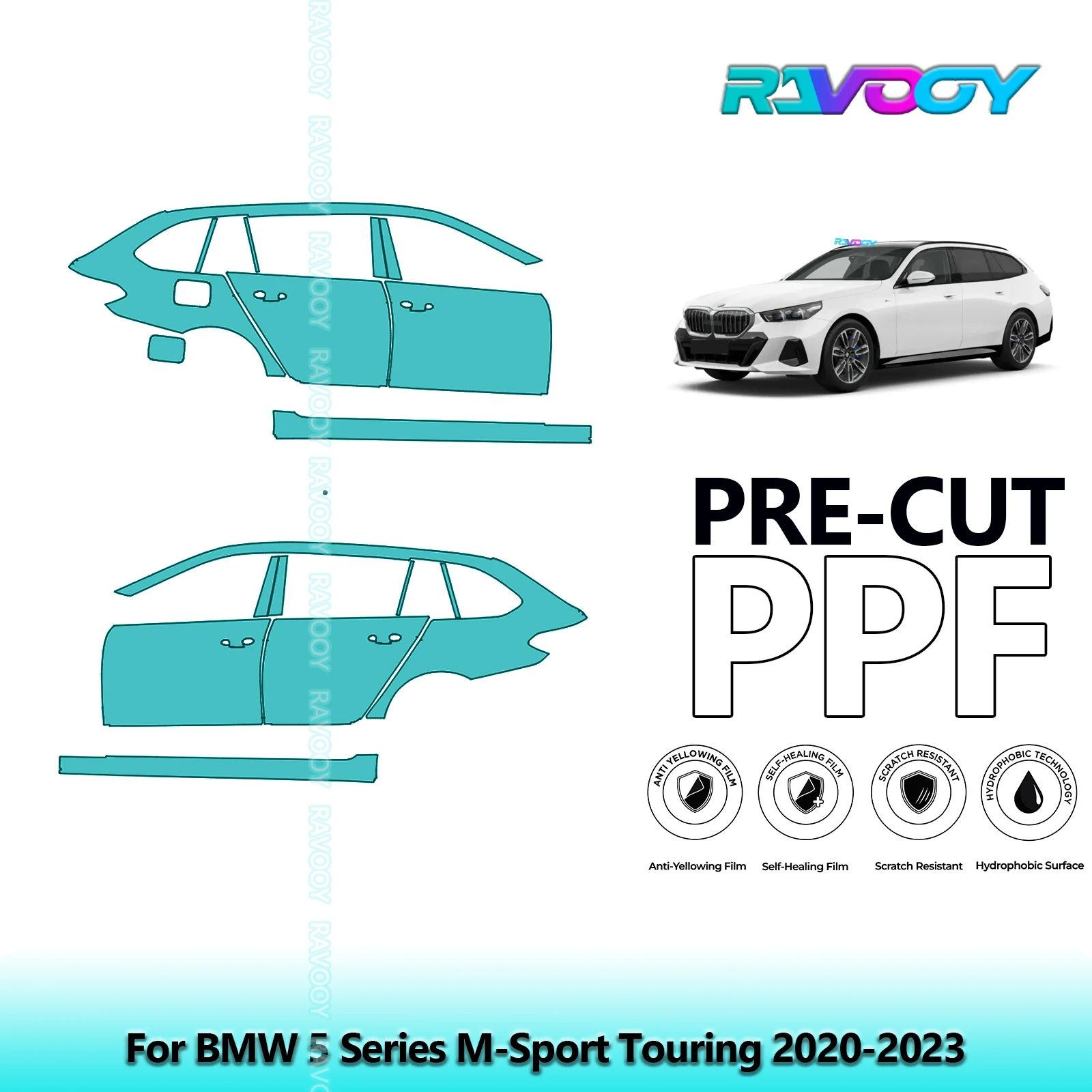 

For BMW 5 Series M-Sport Touring 2020-2023 8.5mil Clear Matte Pre-Cut PPF Door & A/B Pillar Kit TPU Paint Protection Film Set