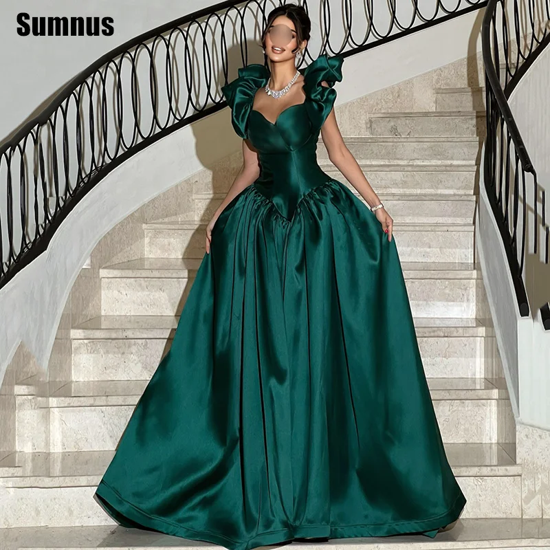 

Sumnus Elegant Green A-Line Evening Dress Satin Sleeveless Ruched Floor Length Formal Dresses robes de soirée Customized