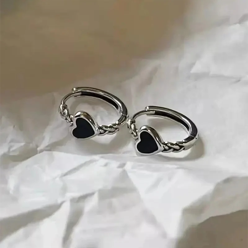 ZX Cool Black Enamel Heart Earrings for Girl Silver Color Hoop Huggies Earrings Wholesale Jewelry Dropshipping Accessories Gift