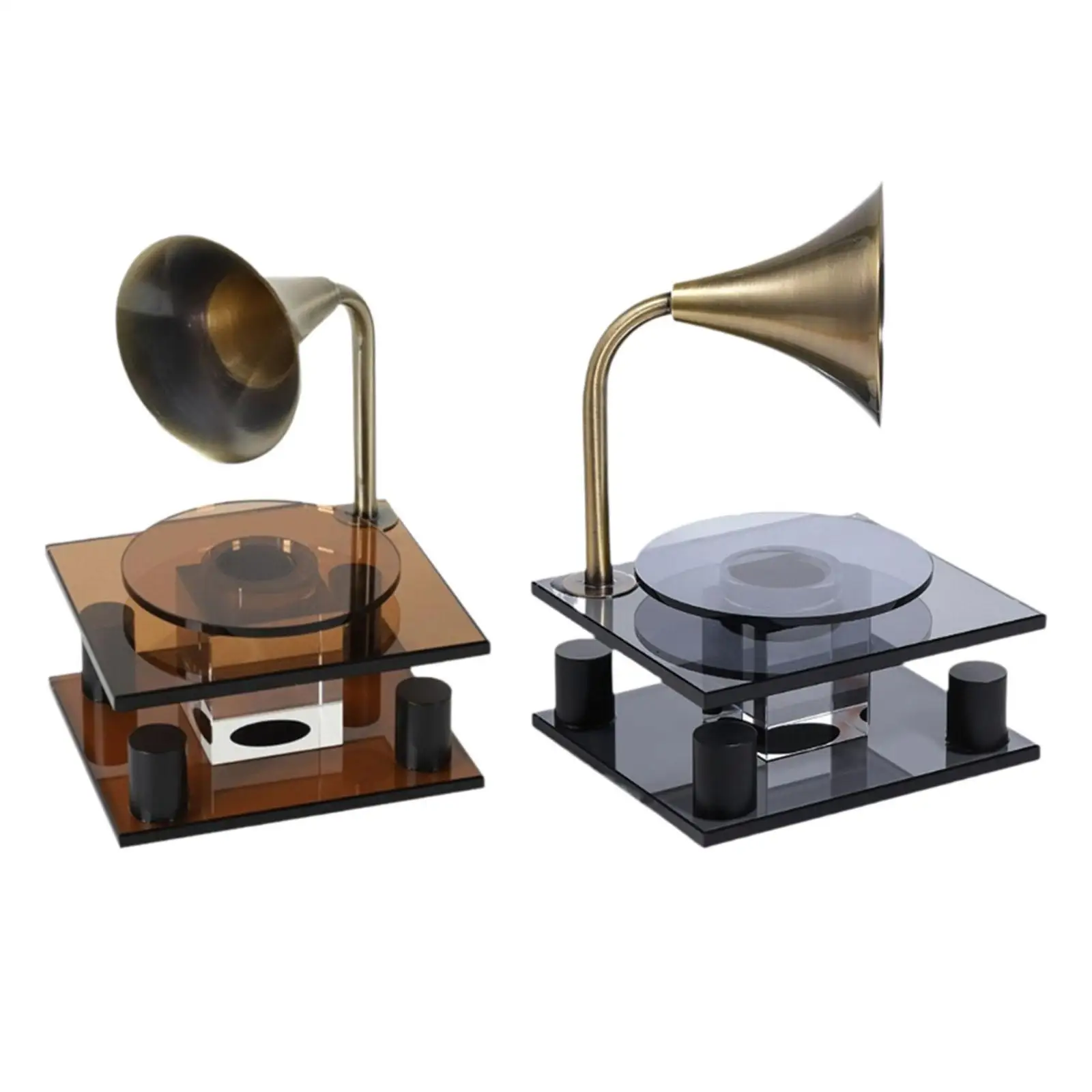 Phonograph Sculpture Metal Glass Sculpture Bookshelf Decor Gramophone Player Ornament for Bedroom Cafe Living Room Desktop Decor