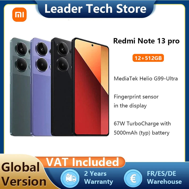 Global Version Xiaomi Redmi Note 13 Pro 200MP Camera 6.67'' AMOLED 120Hz Display 12GB 512GBNFC MediaTek Helio G99 67W Charging