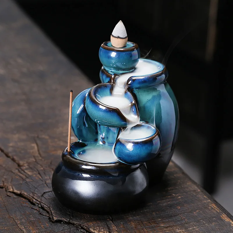 Quemador de Incienso de Cerámica con Cascada de Humo, Figura Decorativa Azul Creativa para el Hogar, Arte Zen para Sala de Estar u Oficina, Ideal para Regalo