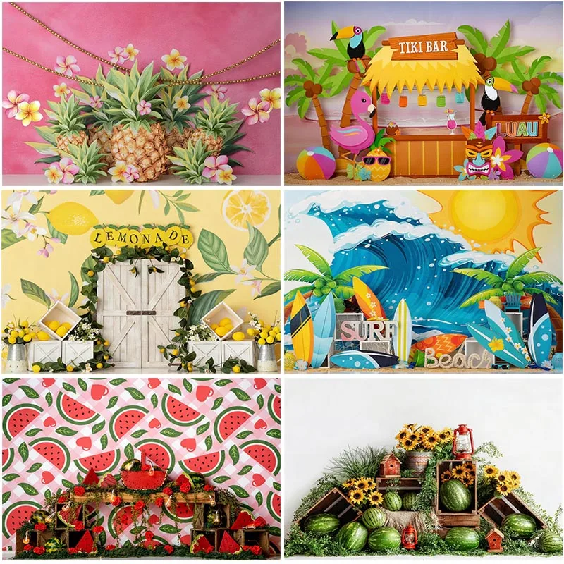 

LS Summer Beach Backgrounds Kids Adult Photography Props Child Baby Decor Summer Heat Relieving Watermelon Lemon Photo Backdrops
