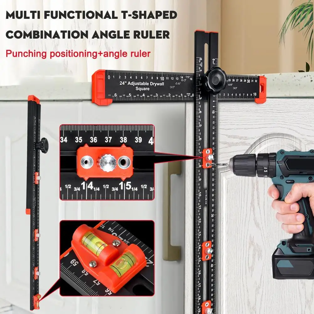 

Adjustable 4-in-1 Drilling Positioning Ruler Cabinet Hardware Jig T Square Multi Angle Measuring Ruler Woodworking Ruler