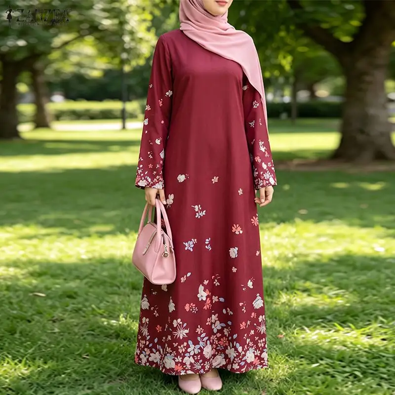 Women Autumn Floral Print Maxi Dress ZANZEA Muslim Abaya Robe Femme Elegant Casual O Neck Long Sleeve Loose Sundress Kaftan 2026