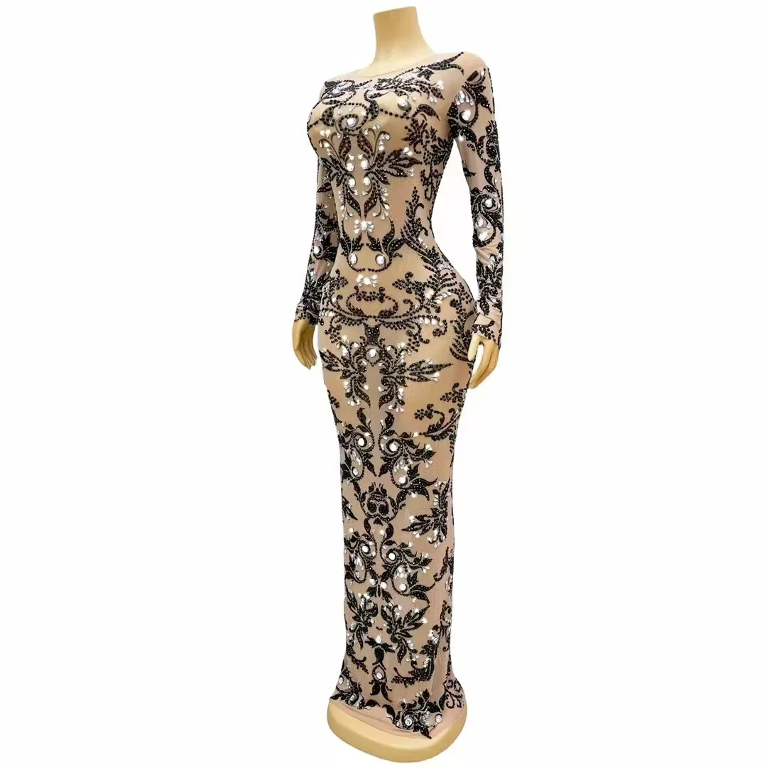 فستان مثير Slin WomenEvening حفلة عيد ميلاد حفلة موسيقية أحجار الراين طباعة أحجار الراين شبكة تمتد فستان طويل مرحلة الأداء زي