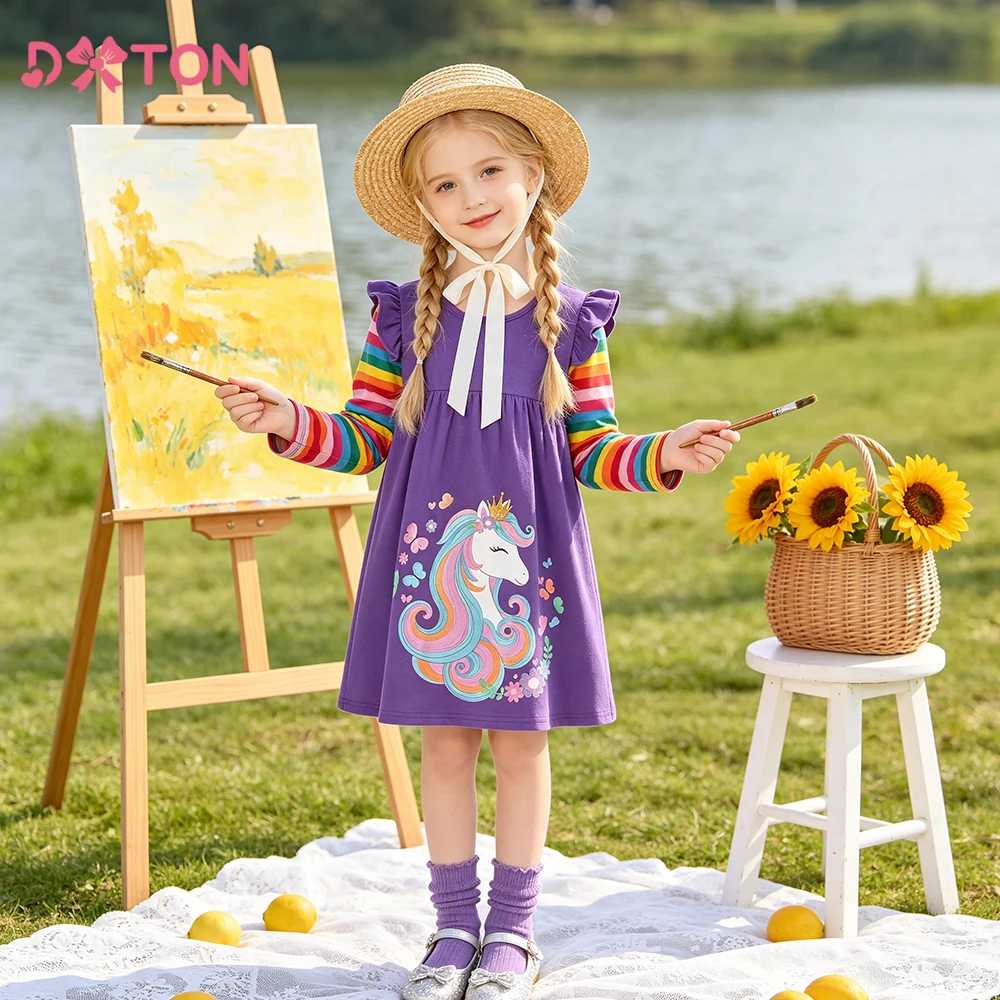 DXTON Cotton Children's Dress Rainbow Striped Long Sleeve Girls Dress Unicorn Cartoon Kids Casual Clothing Floral Toddler Dress